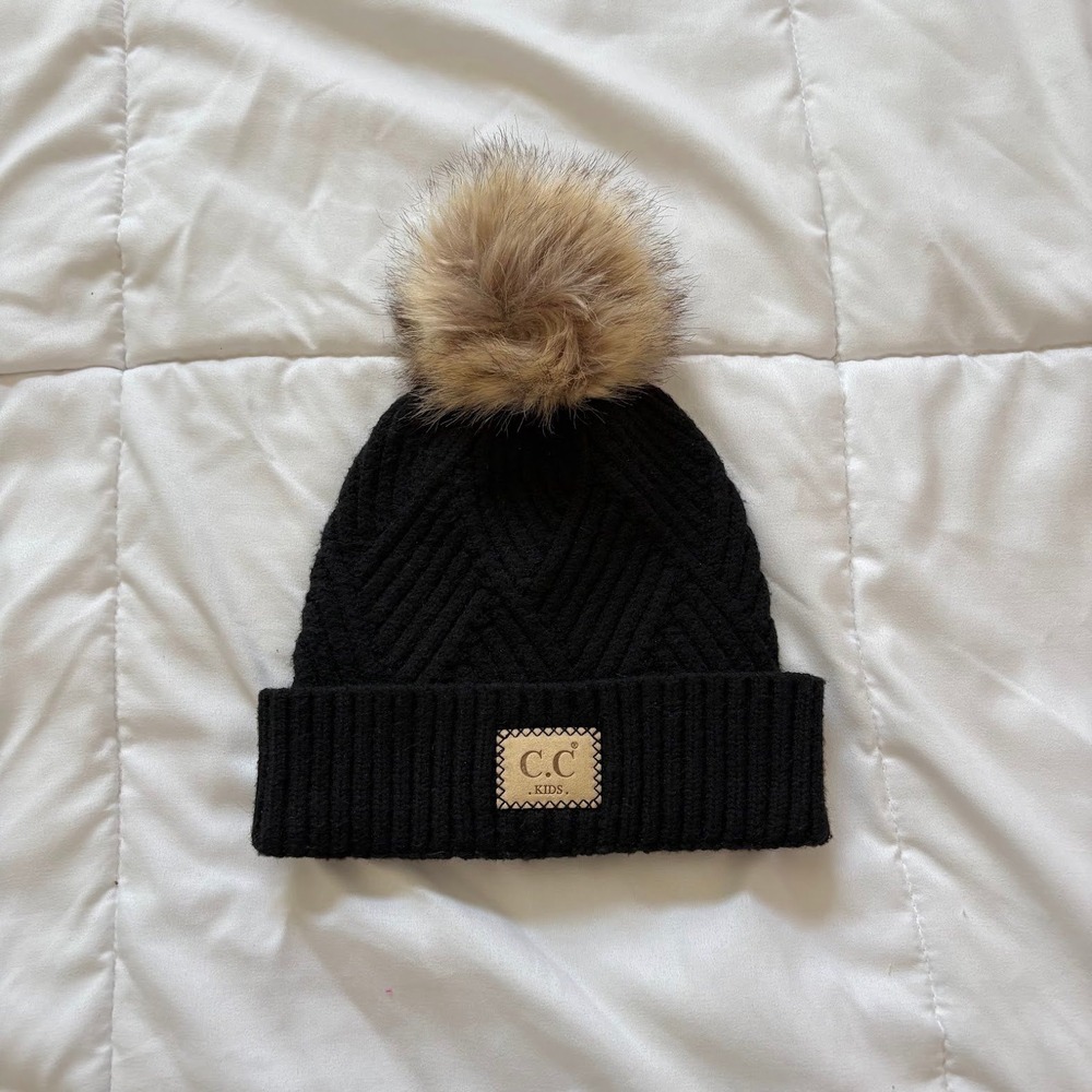 C.C Kids Black Cable Knit Faux Fur Pom Beanie Hat Winter Accessory